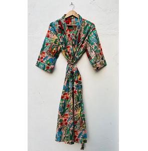 Lightweight Cotton <b>Kimono</b> Robe Featuring Traditional Block Floral Print For <b>Women</b> Night Wear And Easy Home Relaxation - Product Image 1
