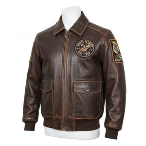 Blouson aviateur vintage en cuir véritable marron avec broderie personnalisée, style pilote, motard, rétro A2, devant en cuir et toile, unisexe - Product Image 1