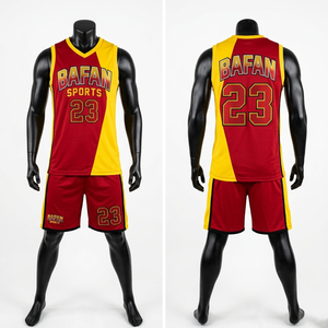 Ensemble d'uniformes de basketball en maille polyester premium 180 GSM, motif flamme tribale rouge et or, pour hommes - Product Image 3