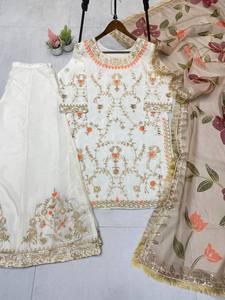 EXCLUSIVO SALWAR KAMEEZ DE DISEÑADOR MODERNO CON BORDADO DE LENTEJUELAS EN CHINON PARA FIESTAS/BODAS, DE SECADO RÁPIDO, FATEMA FASHION PLazzo - Product Image 3