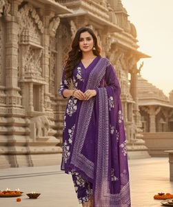 Purple Rayon Blend Indian Pakistani Set V Neck Printed <b>Kurta</b> Palazzo Dupatta Casual Recycled Materials Regular Fit for <b>Women</b> - Product Image 1