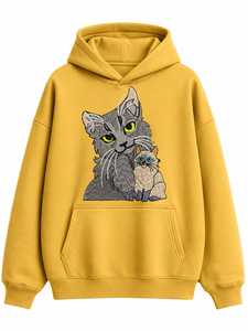 เสื้อสเวตเชิ้ตโอเวอร์ไซส์แบบยูนิเซ็กซ์ ลายปักแมวน่ารัก มีกระเป๋าจิงโจ้ เสื้อฮู้ดลำลองผ้าฟลีซ - Product Image 5