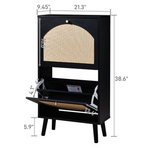 Scarpiera Nera con Superficie in Rattan, 2 Contenitori Ribaltabili, Design ad Arco con Gambe Alte, 54x24x98cm, Struttura in Truciolato, Rattan Sintetico - Product Image 3