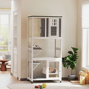 Casa per gatti all'aperto protezione contro le intemperie tetto grande Kitten 2 piattaforme porta in legno 36 \ "L gatto condominio 2 ruote condominio di riposo - Product Image 2
