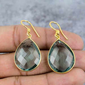 Pendientes de alambre con forma de pera chapados en oro con gema de cuarzo acuático, engastados en bisel, modernos para bodas, fiestas y uso diario para mujer - Product Image 2