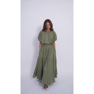 Conjunto de Dos Piezas Verde Oliva para Mujer, Top Corto con Mangas Abullonadas, Falda Larga Plisada, Color Sólido, Estilo Casual de Primavera, Teñido Liso, ODM - Product Image 3