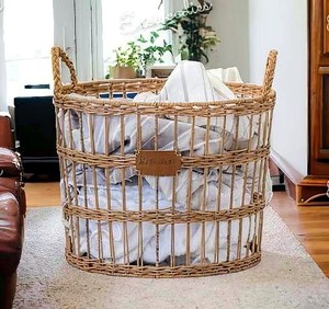 Round <b>Wicker</b> Laundry Basket With Handles Plant Fiber Storage Basket For Clothing Rustic Style Handcrafted Eco-Friendly - Product Image 4