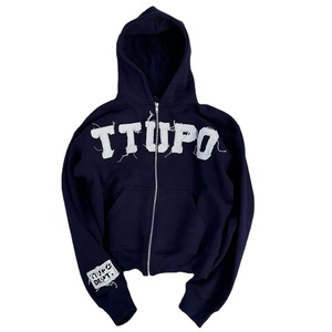 Hoodie personnalisé coupe-vent 100 % coton pour l'automne, style streetwear, avec fermeture éclair, appliqué, patchwork vieilli et broderie - Product Image 1