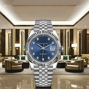Silver Tone Luxury Sport Stainless Steel <b>Watch</b> High Quality Blue Sunray Dial with <b>Diamond</b> Hour Markers Business Simple Fashion - Product Image 3
