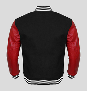 Custom Made Winter Varsity <b>Jacket</b> with <b>White</b> Leather Sleeves & Black Wool Body <b>Waterproof</b> Knitted Processing for Letterman - Product Image 2
