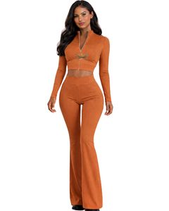 <b>Rust</b> Orange Women Two Piece Yoga Set Zip Crop <b>Top</b> And High Waist Flared Pants Embroidery Fitness Gym Wear Custom Manufacturer - Product Image 1