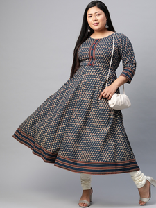 Kurta Anarkali en coton à imprimé floral bleu, taille plus, col rond, manches trois quarts, tenue d'été confortable pour femmes - Product Image 5