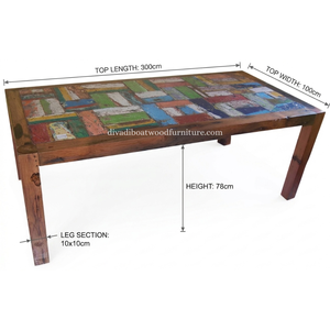 Table à manger DIVADI, modèle carré à pieds fixes, patchwork, bois de bateau recyclé, design durable, écologique, pour intérieur et extérieur - Product Image 2