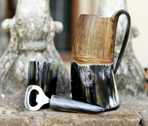 Handcrafted Natural Polished Viking Drinking Horn Mug Stainless Steel Coffee and Beer Mug With Lid for Water Usage - Product Image 1