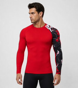 T-shirt de compression haute qualité pour homme, séchage rapide, sportif, logo personnalisable, sublimation, imprimé rouge contrastant, col rond, protection anti-UV, vêtement de sport - Product Image 3