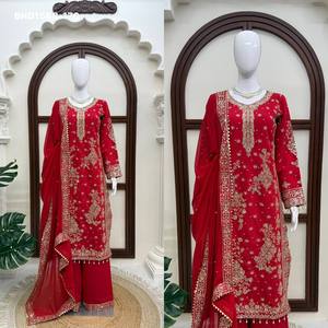 Traje de seda romana de diseño de alta calidad con bordado de hilo y lentejuelas, adornos de remaches, encaje Moti y Latkan, conjunto rojo de traje, pantalón palazzo y dupatta, proveedor de la India. - Product Image 2