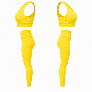 Ensemble de soutien-gorge de sport jaune et leggings pour femmes, taille haute, vêtements de sport, yoga, fitness, tenue deux pièces - Product Image 5