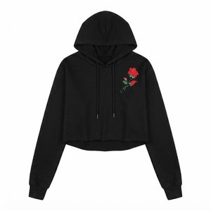 Nueva Sudadera con Capucha Corta Negra para Mujer con Logotipo Personalizado, Bordado Floral, Manga Larga, Informal, Tejida, para Otoño - Product Image 1