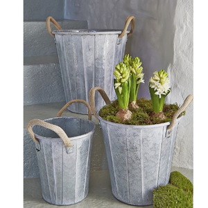 Ensemble de trois pots en zinc galvanisé avec poignée en corde, pots à fleurs vintage, pots en zinc pour la maison et le jardin, pots décoratifs en zinc - Product Image 1