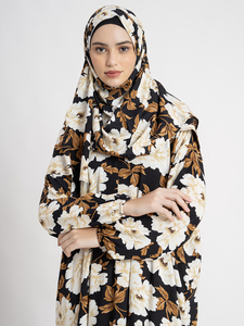 Gorgeous Floral Printed <b>Satin</b> Muslimah Maxi Dress with Long Sleeves and Matching <b>Hijab</b> Traditional Islamic Kebaya Baju Kurung - Product Image 4