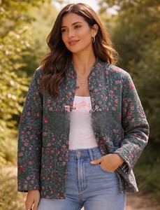 Handmade Embroidered Knitted Woven Cotton Quilted Reversible Thick Winter <b>Jacket</b> Beautiful Floral Print Indian Jaipuri Block - Product Image 4