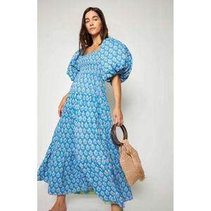 Vestido Largo con Hermosa Combinación de Colores, Abertura Lateral en la Cintura, Estilo Moderno, Estampado Azul Atrevido - Product Image 3