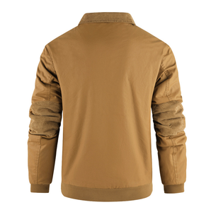 เสื้อแจ็คเก็ตซาฟารีฤดูหนาวสำหรับผู้ชาย ผ้าเดนิมเคลือบหนังแท้ ความหนาปานกลาง คอตั้ง กันน้ำ กระดุมเขาสัตว์ บริการ OEM - Product Image 2