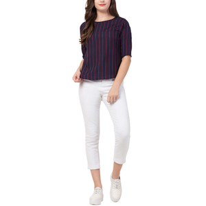 Women's Navy <b>Red</b> Stripe Three Quarter Sleeve O Neck Casual <b>Top</b> Regular Fit Woven Polyester Cotton Breathable All Seasons - Product Image 5