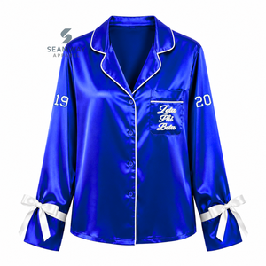 Zeta Phi Beta Women's Satin Pajama <b>Set</b> Long Sleeve Button-Up Embroidered Two <b>Piece</b> Sleepwear Blue With <b>White</b> Trim Lounge <b>Set</b> - Product Image 2