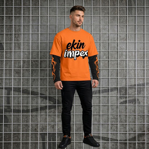 2025 New Trending Y2K Streetwear Oversized Boxy Fit Two Piece Long Sleeve T <b>Shirt</b> Custom Logo <b>Flame</b> Print Orange Black Unisex - Product Image 3