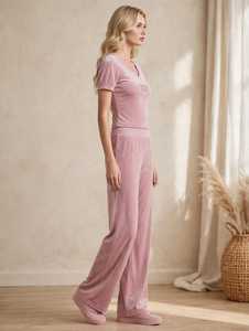 Women <b>Velvet</b> 2 Piece Lounge Set Short Sleeve V Neck <b>Top</b> And Long Pants - Product Image 5