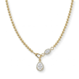 Collier ovale avec pendentif en diamant de laboratoire taille poire sur chaîne à billes en or jaune, bijoux de luxe, élégance et mode - Product Image 1