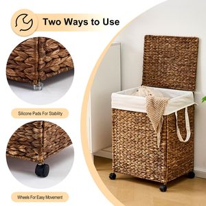 Panier à linge roulant en jacinthe d'eau naturelle tressée avec couvercle et roulettes - Product Image 4