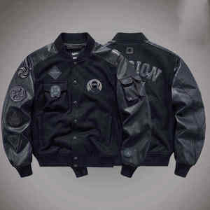 Men's <b>Techwear</b> Varsity <b>Jacket</b> Functional Tactical Streetwear Bomber Coat with Leather Sleeves and Multi-Pocket Design - Product Image 5