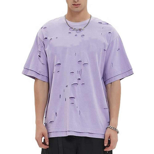 Camiseta Oversize para Hombre, Estilo Desgastado, Manga Corta, Color Sólido, Estilo Urbano, 100% Algodón, Cuello Redondo, Corte Regular, Transpirable por Delante - Product Image 1