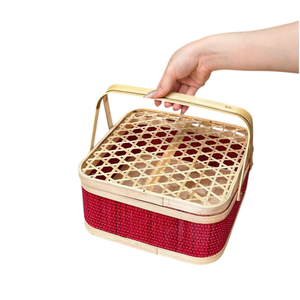 Square Rounded Corner Bamboo Slat <b>Gift</b> Box Red Woven Stick <b>Basket</b> with Double Handle Festive Nut Tea Packaging Case Wood <b>Hamper</b> - Product Image 3