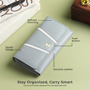 WRIZA Genuine Leather Fashion Women Wallet <b>RFID</b> Protection Button Straps Light Grey Clutch <b>Purse</b> Card Slots Coin Pocket Daily - Product Image 2