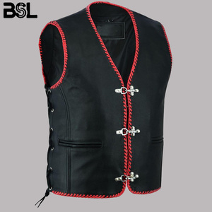 Chaleco de Cuero para Motociclista, Tendencia de Verano para Hombre |   Chaleco de Motocicleta Ecológico y Transpirable de Piel de Oveja Nappa con Cordones Laterales Rojos - Product Image 3