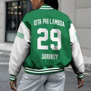 Chaqueta Universitaria Personalizada para Mujer Iota Phi Lambda, Color Verde Esmeralda en el Cuerpo, Mangas Blancas, Letras, Escudo, Número y Año, Estilo Bomber - Product Image 2