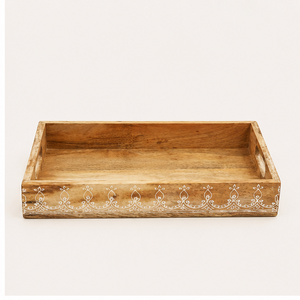 Bandeja de servir hecha a mano de madera de mango tallada con motivos florales, con asas, estilo rústico, para mesa de café, para el hogar y restaurantes. - Product Image 1