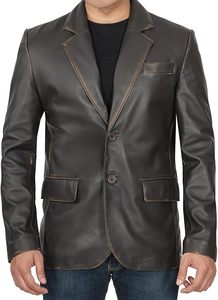 Classic Two Button Men's Genuine <b>Leather</b> <b>Jacket</b> OEM Customized Stylish <b>Blazer</b> Available at Wholesale Rates - Product Image 4