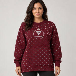 เสื้อสเวตเชิ้ตคอกลมสีแดงเบอร์กันดีสำหรับผู้หญิง ลายจุดสีเทาทั้งตัว แขนยาว พร้อมโลโก้แบบกำหนดเอง - Product Image 1