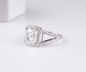 14K Gold Vintage Halo Engagement <b>Ring</b> Square Emerald Cut Lab <b>Diamond</b> <b>Ring</b> Antique Wedding <b>Ring</b> Split Shank <b>Ring</b> - Product Image 2