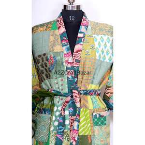 Kimono indien vintage fait main Kantha pour femme, col en V, cordon de serrage, manches trois-quarts, robe de luxe 100% coton, séchage rapide, doux - Product Image 4