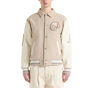 Custom Beige Wool Varsity Jacket Men Custom Embroidery Letterman Jacket Contrast Sleeves <b>Button</b> Up Winter Fashion Streetwear - Product Image 3
