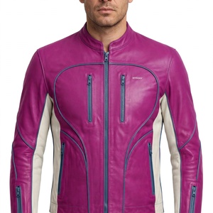 Chaqueta de Motociclista de Cuero Genuino para Hombre, Corte Ajustado, Cuello Alto, Color Sólido - Product Image 1