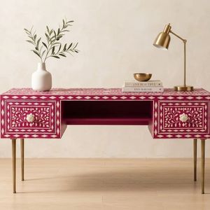 Table de bureau moderne faite à la main avec incrustation florale en os, pour poste de travail ou coiffeuse, idéale pour le bureau à domicile - Product Image 1