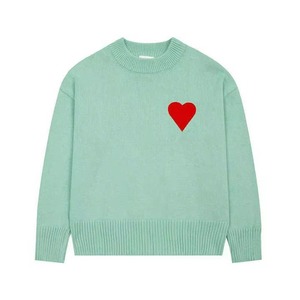 Green Knitted <b>Pullover</b> <b>Sweater</b> With Red Heart Applique Crew Neck Regular Fit Unisex Casual Autumn Wear - Product Image 4