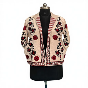 Veste en toile de coton beige vintage pour femme |   Manteau bohème floral brodé à la main |   Vêtements d'extérieur artisanaux durables - Product Image 1