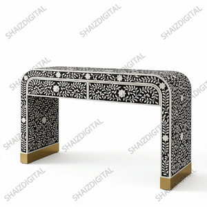 Table console moderne en bois massif avec incrustations en os, table d'entrée décorative en bois avec pieds courbés - Product Image 1